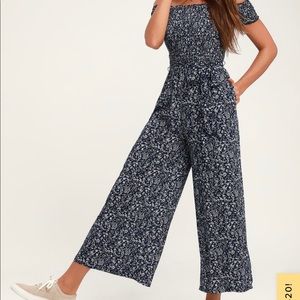 Behold Navy Blue Floral Print Off-the-Shoulder Jumpsuit